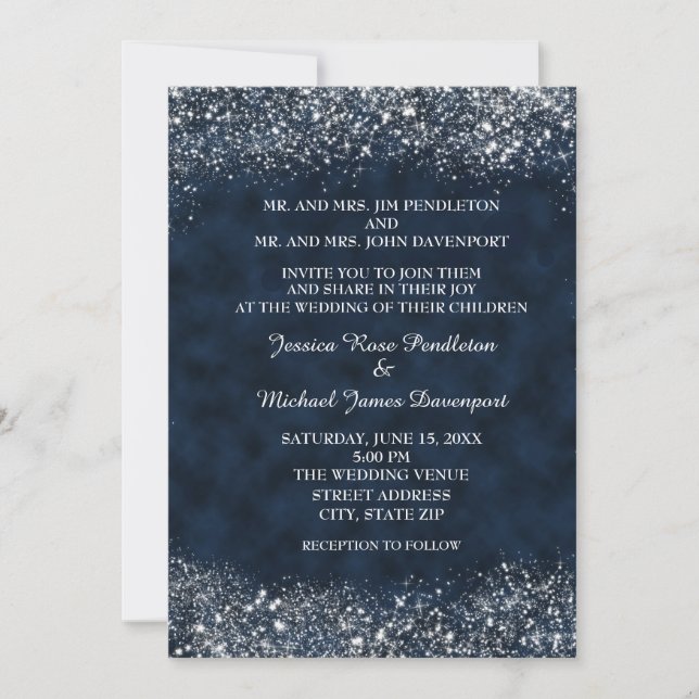 Navy Blue and White Stardust Wedding Invitation (Front)