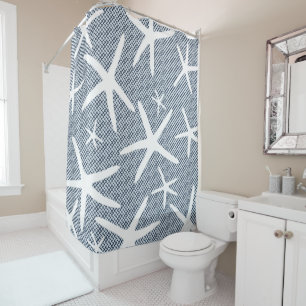 Navy Blue and White Starfish Beach Shower Curtain