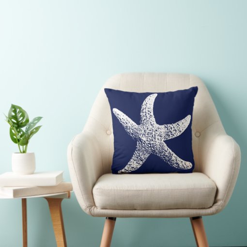 Navy Blue and White Starfish Pillow | Zazzle