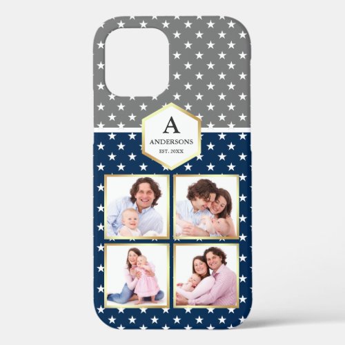 Navy Blue and White Stars Pattern Photo Collage iPhone 12 Case