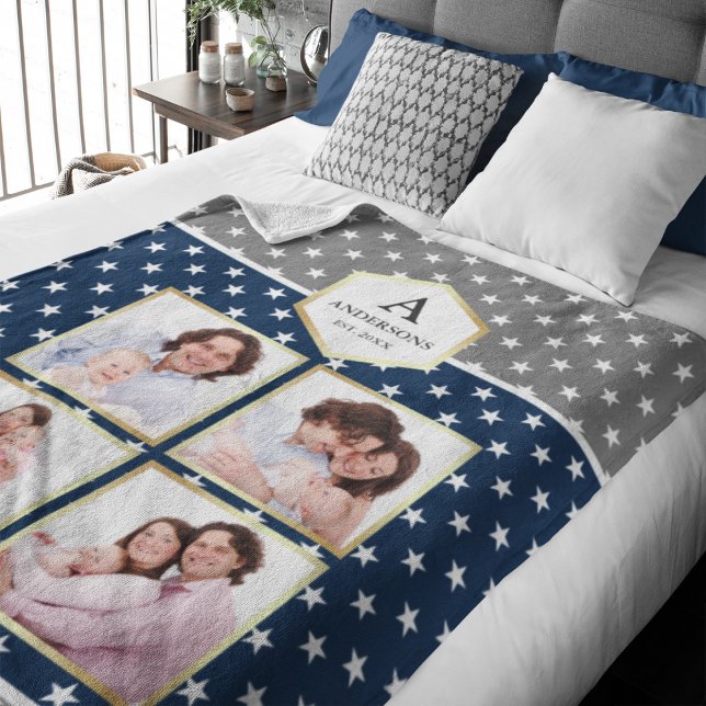 Navy Blue and White Stars Pattern Photo Collage Fleece Blanket (Creator Uploaded)