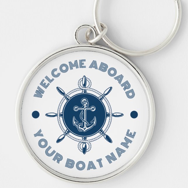 Navy blue and white steering white and boat anchor keychain (Front)