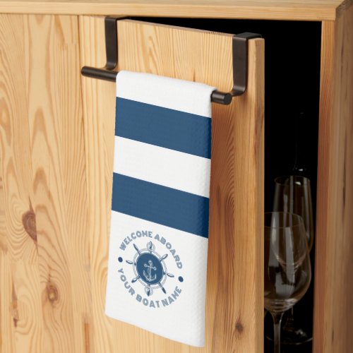Navy blue and white steering white and boat anchor kitchen towel