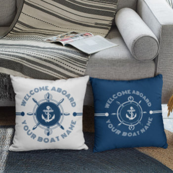 Navy Blue And White Steering White And Boat Anchor Throw Pillow by artOnWear at Zazzle