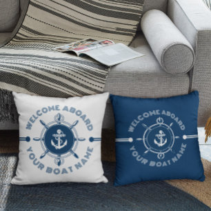 Navy blue and white steering white and boat anchor throw pillow