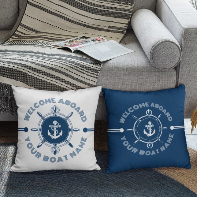 Navy blue and white steering white and boat anchor throw pillow (Creator Uploaded)