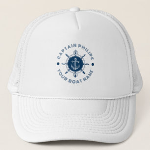 Navy blue and white steering white and boat anchor trucker hat
