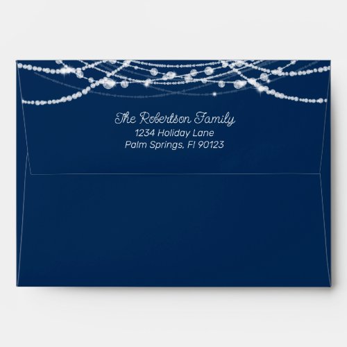 Navy Blue and White String Lights Return Address Envelope