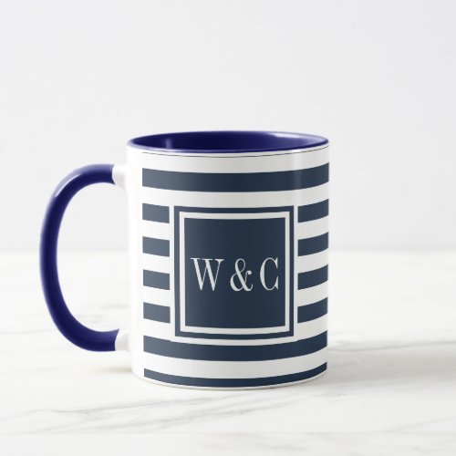 Navy Blue and White Stripe Monogram Mug