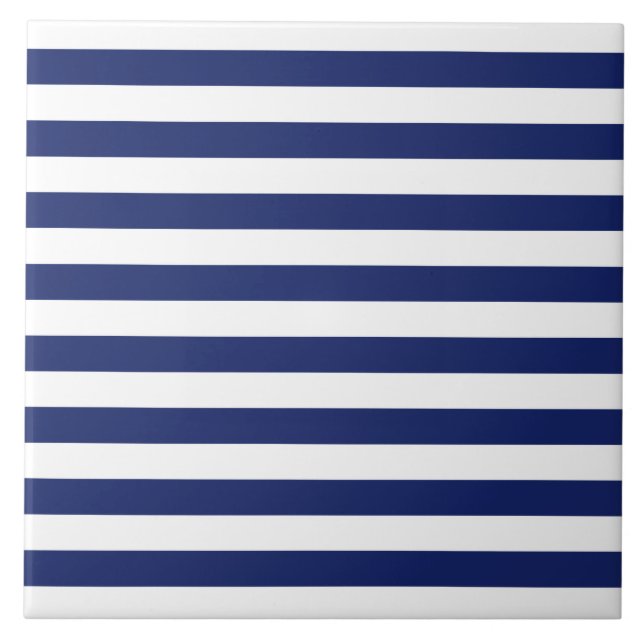 Navy Blue and White Stripe Pattern Ceramic Tile (Front)