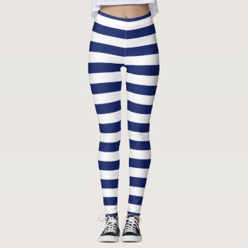 Navy Blue And White Stripe Pattern Leggings by allpattern at Zazzle