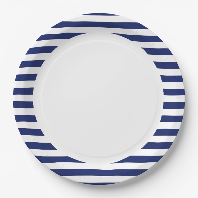 Navy Blue and White Stripe Pattern Paper Plates (Front)