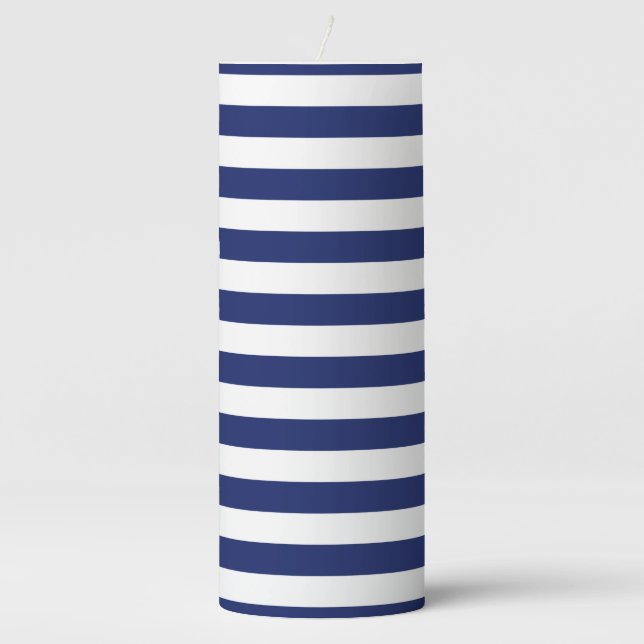 Navy Blue and White Stripe Pattern Pillar Candle (Front)