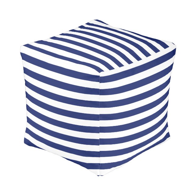 Navy Blue and White Stripe Pattern Pouf (Angled Front)