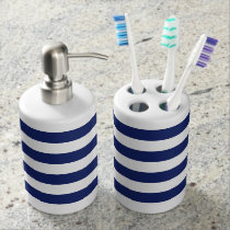 Navy Blue and White Stripe Pattern Soap Dispenser & Toothbrush Holder Navy Blue and White Stripe Pattern Soap Dispenser & Toothbrush Holder