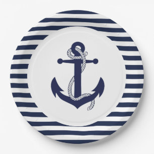 Navy Blue and White Striped Anchor Wedding. Paper Plates
