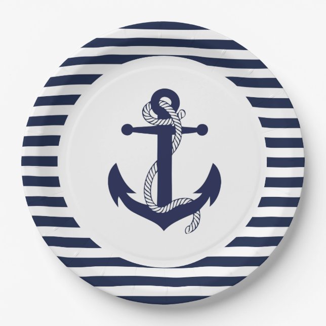Navy Blue and White Striped Anchor Wedding. Paper Plates (Front)