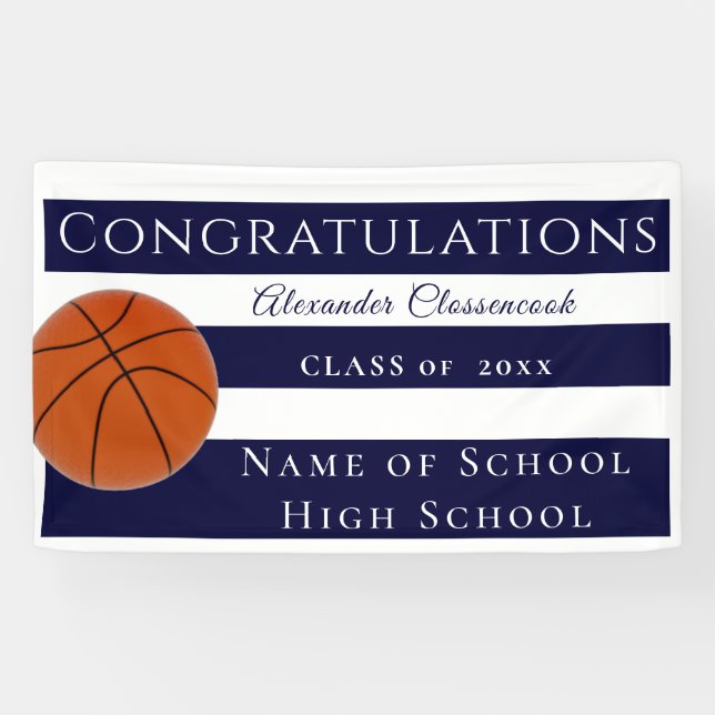 Navy Blue and White Striped Basketball graduation  Banner (Horizontal)