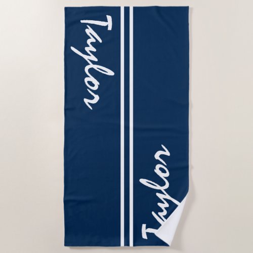 Navy Blue and White Striped Custom Name Beach Towel