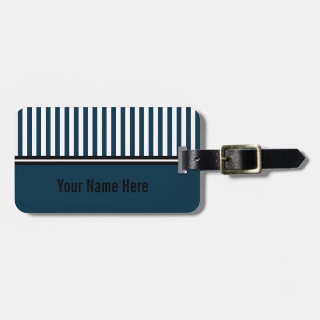 Navy Blue and White Striped Luggage Tag (Front Horizontal)