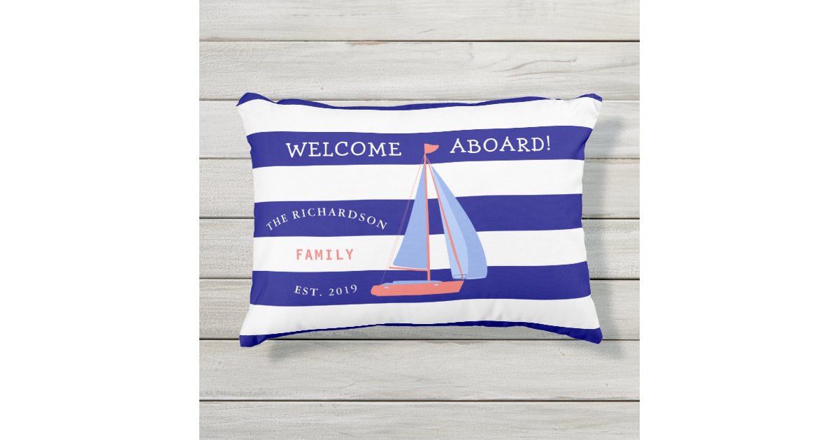 Navy Blue And White Striped Nautical Boat Family Outdoor Pillow Navy Blue And White Striped Nautical