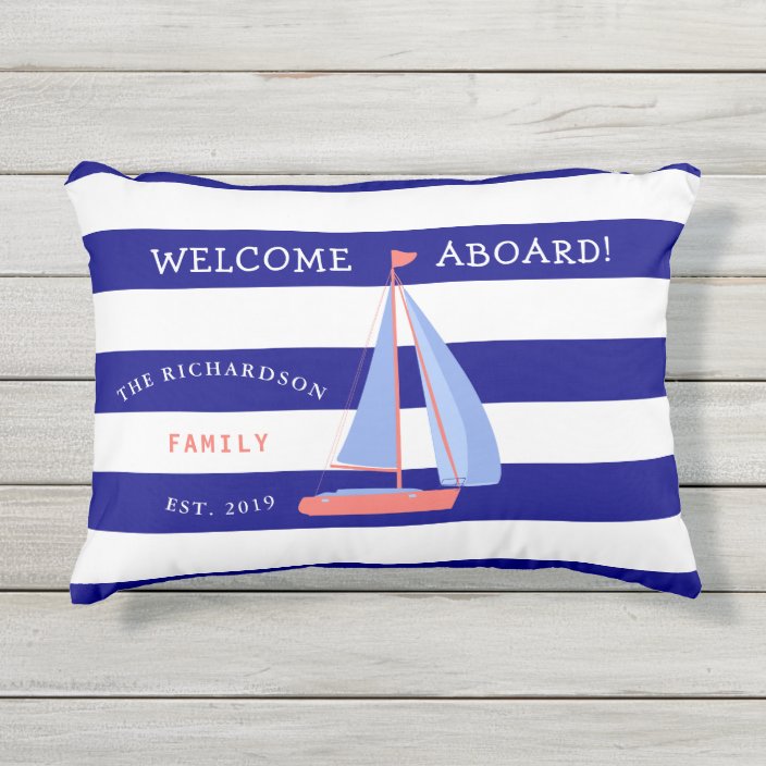 Navy Blue And White Striped Nautical Boat Family Outdoor Pillow