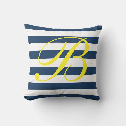 Navy blue and white striped outdoor throw pillow