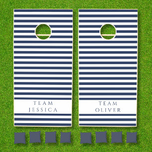 Navy Blue And White Striped Pattern Cornhole Set