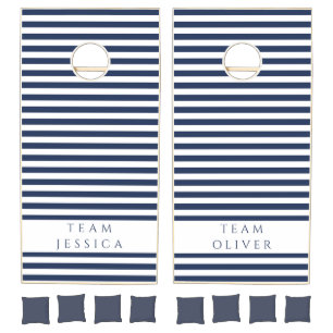 Navy Blue And White Striped Pattern Cornhole Set
