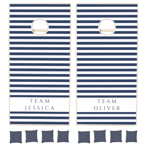 Navy Blue And White Striped Pattern Cornhole Set