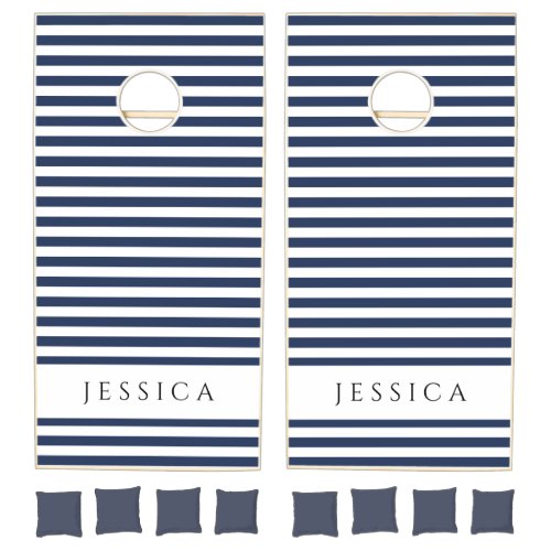 Navy Blue And White Striped Pattern Name Cornhole Set