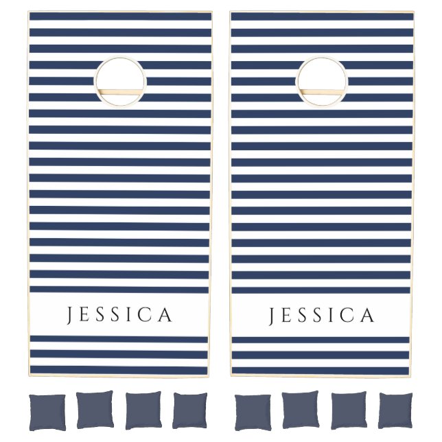 Navy Blue And White Striped Pattern Name Cornhole Set (Set)