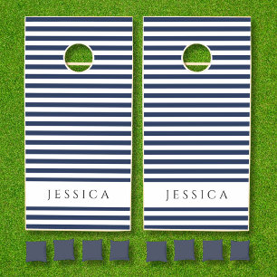 Navy Blue And White Striped Pattern Name Cornhole Set
