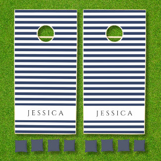 Navy Blue And White Striped Pattern Name Cornhole Set
