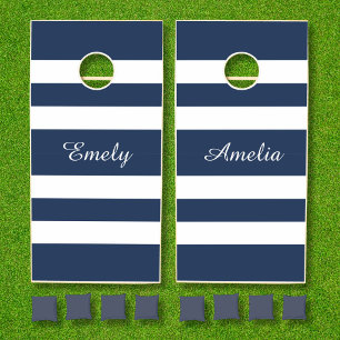 Navy Blue And White Striped Pattern Name Cornhole Set