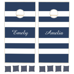 Navy Blue And White Striped Pattern Name Cornhole Set