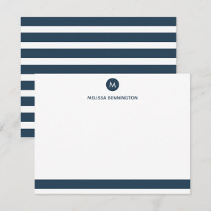 Navy Blue and White Striped Personalized Monogram Note Card