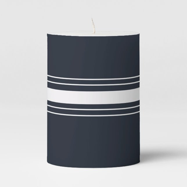 Navy Blue and White Striped Pillar Candle (Front)