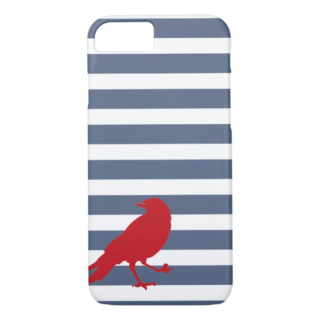 Navy Blue and White Striped Red Bird Phone Case (Back)