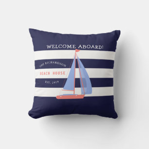 Navy Blue and White Stripes and Sailboat Nautical Outdoor Pillow