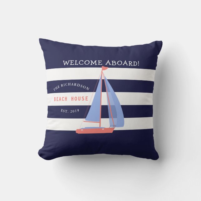 Navy Blue and White Stripes and Sailboat Nautical Outdoor Pillow (Front)