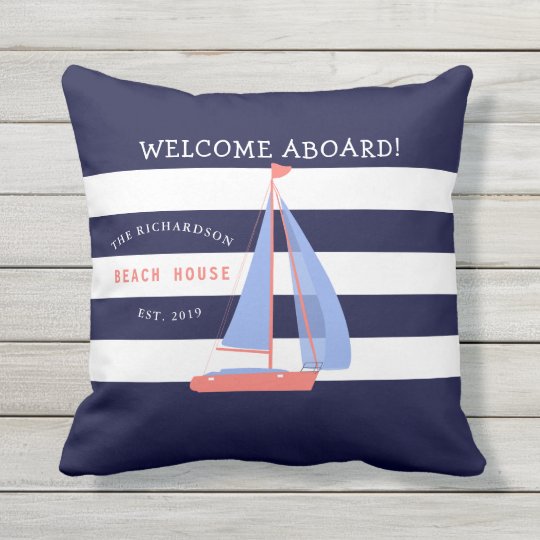Navy Blue And White Stripes And Sailboat Nautical Outdoor Pillow