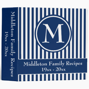 Navy Blue and White Stripes Monogram Recipe 3 Ring Binder