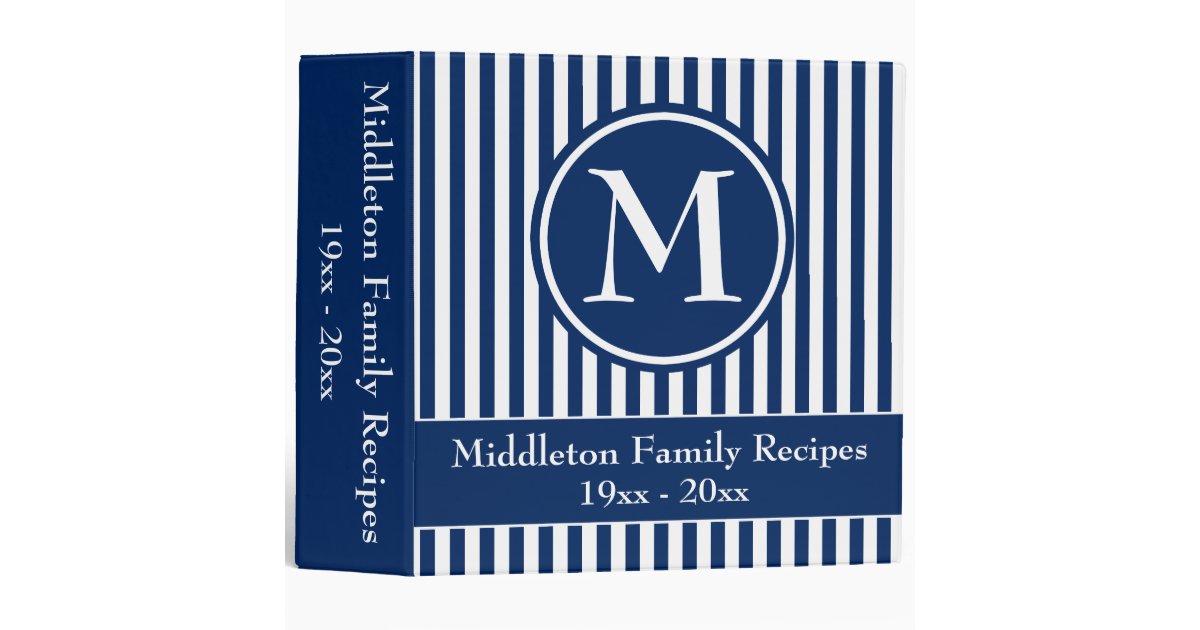 Navy Blue and White Stripes Monogram Recipe 3 Ring Binder | Zazzle