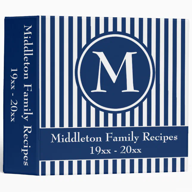 Navy Blue and White Stripes Monogram Recipe 3 Ring Binder | Zazzle