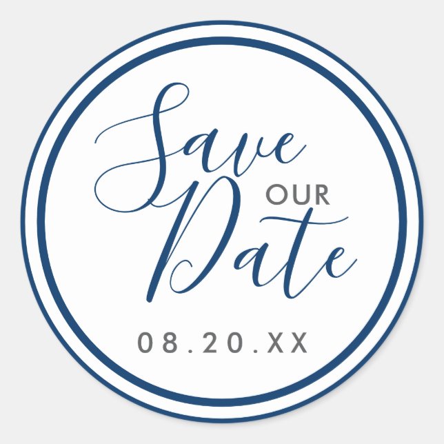 Navy Blue and White Stripes Nautical Save our Date Classic Round Sticker (Front)