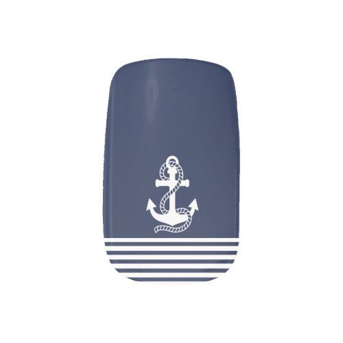 Navy blue and White Stripes Pattern White Anchor Minx Nail Art