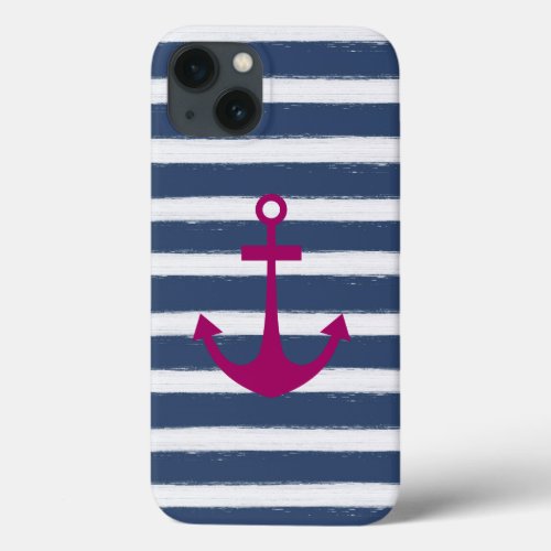 Navy Blue and White Stripes Pink anchor iPhone 13 Case