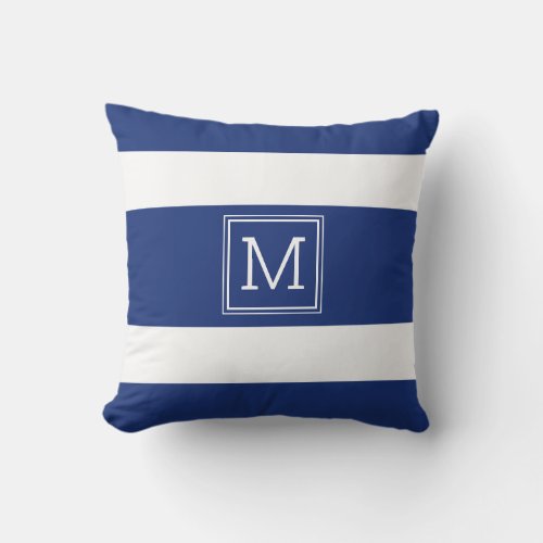 Navy Blue and White Stripes Simple Monogram Custom Outdoor Pillow