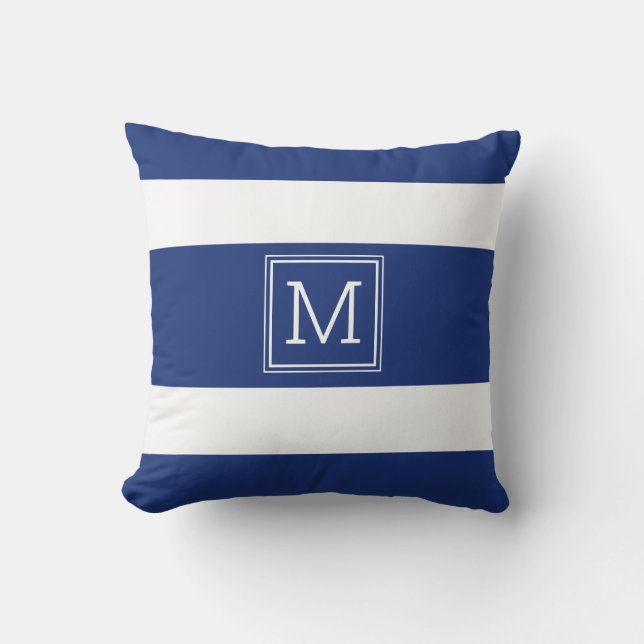 Navy Blue and White Stripes Simple Monogram Custom Outdoor Pillow (Front)